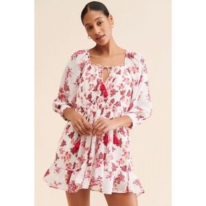 Free People Camella Mini Dress Floral Prin Tassels Bohemian White Red‎ XS Boho